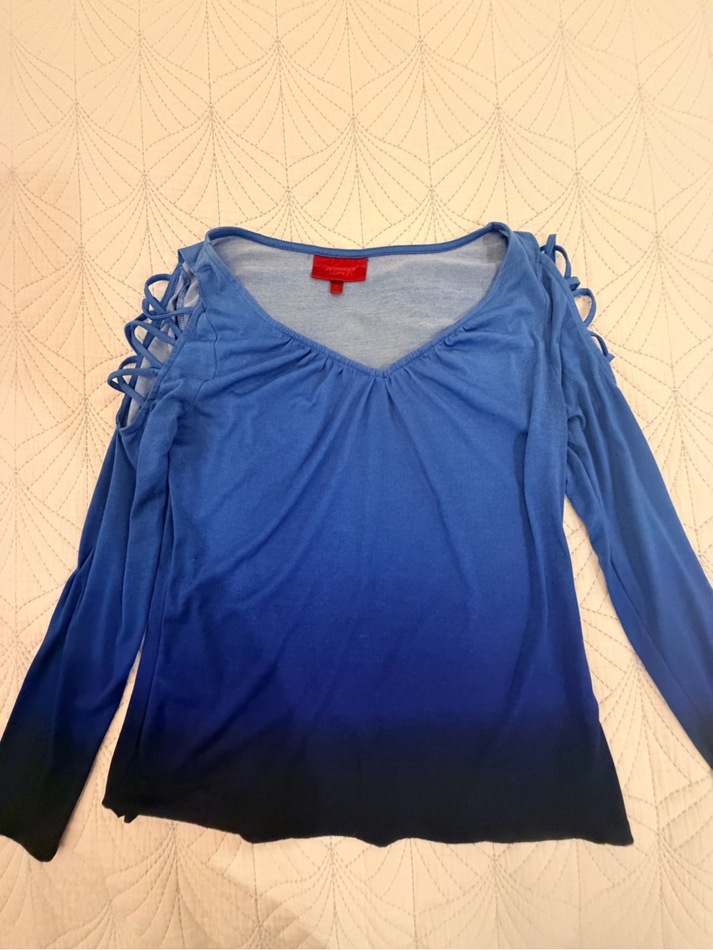Jennifer Lopez Blue Ombre Cold-Shoulder V-Neck Long Sleeve Top